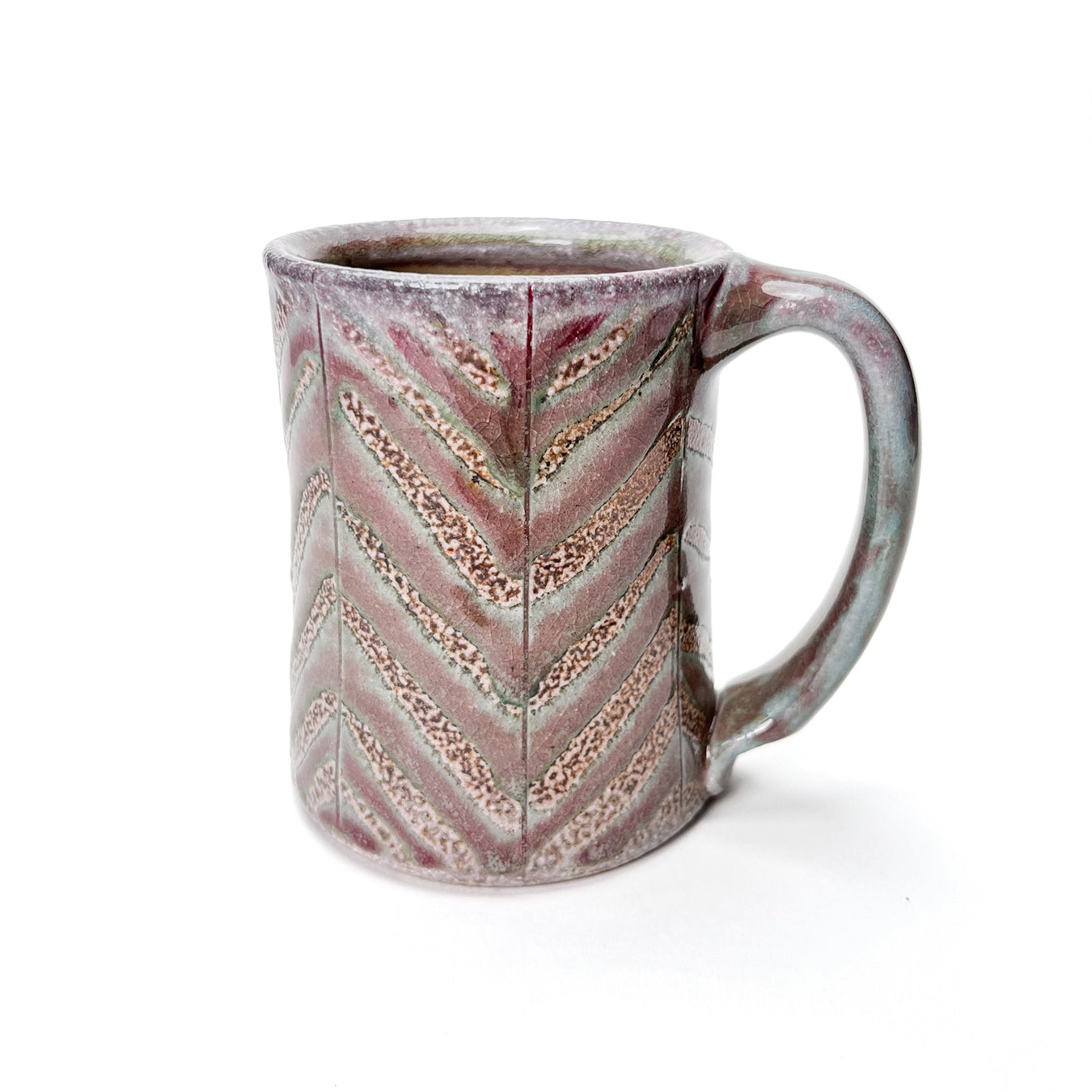 Handmade wheel thrown coffee or tea mug, green leaf pattern inspired by nature