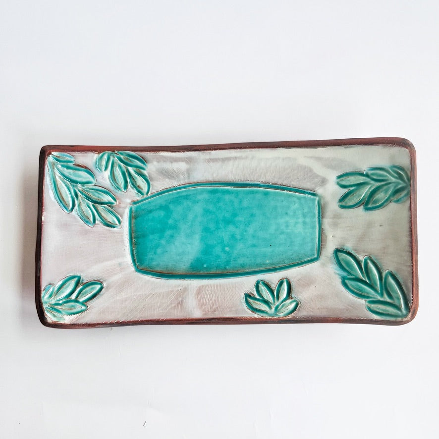 rectangle dish with turquoise leaf and white glaze details
