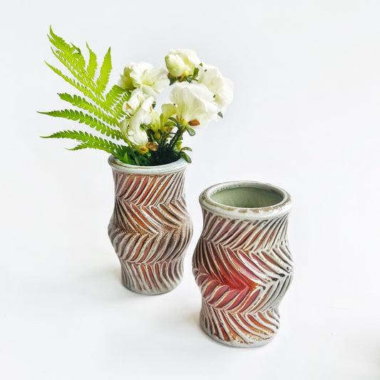 hand carved patterned small bud vase