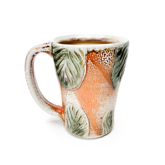 Handmade wheel thrown coffee or tea mug, green leaf pattern inspired by nature