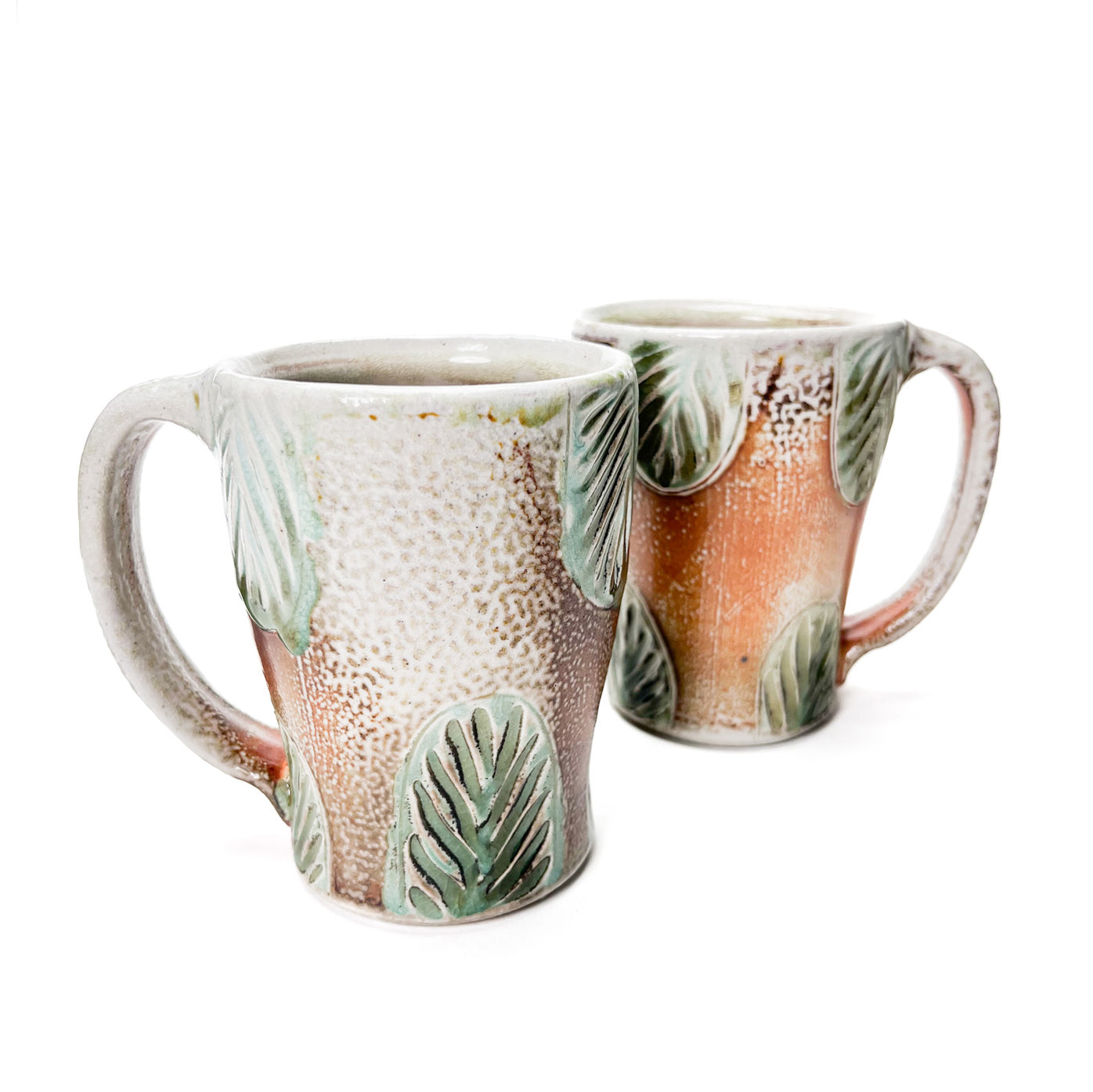 Handmade wheel thrown coffee or tea mug, green leaf pattern inspired by nature