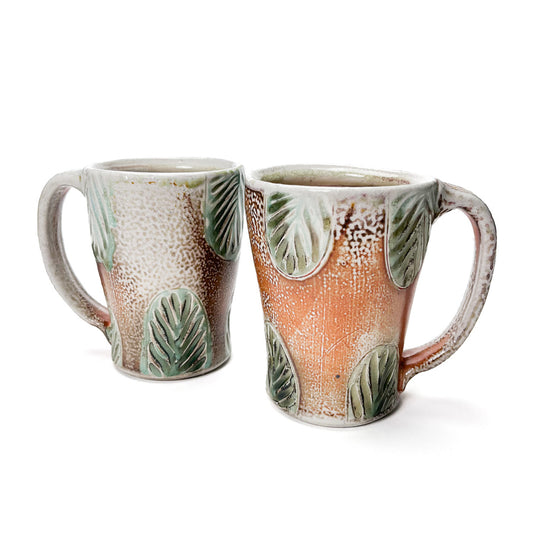Handmade wheel thrown coffee or tea mug, green leaf pattern inspired by nature
