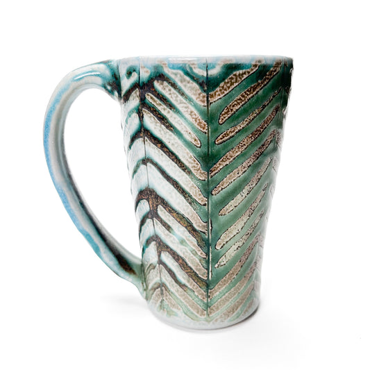 Handmade wheel thrown tall mug, green patterned glaze