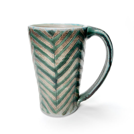 Handmade wheel thrown tall mug, green patterned glaze