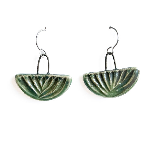 Green carved leaf earrings