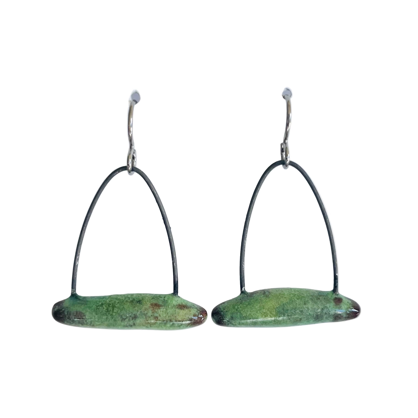 Pair of green ceramic earrings with wire arches on a white background