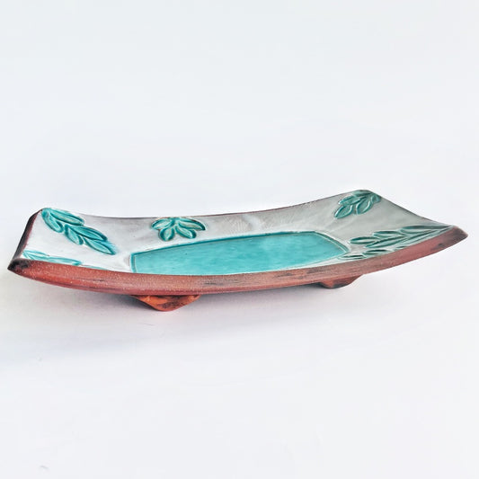 rectangle dish with turquoise leaf and white glaze details