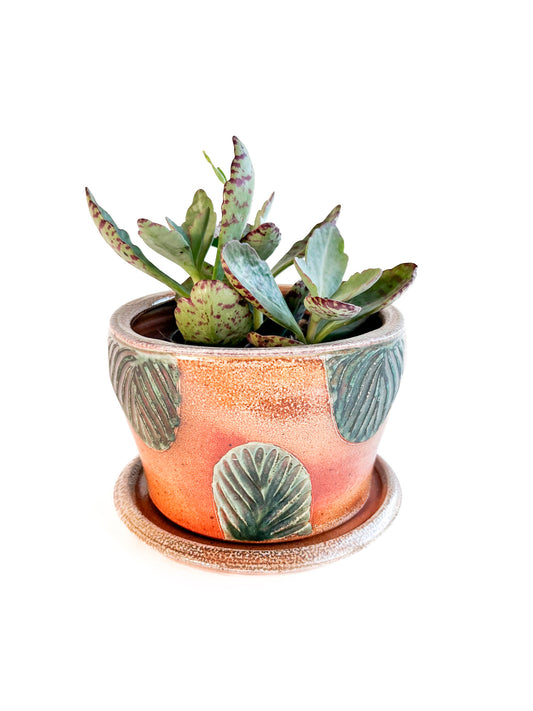 This wheel thrown handmade stoneware planter looks beautiful with a favorite plant inside! There is a saucer to catch the water that is included.
