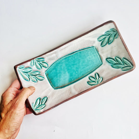 rectangle dish with turquoise leaf and white glaze details